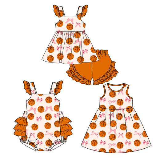 Preorder(moq 5 each)Sibling Baby Girls Basketball Bows Ruffles Straps Romper Dress Shorts Sets