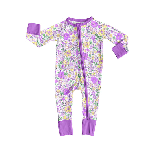 Preorder (moq 20)Baby Girls Bamboo Purple Yellow Flowers Zippy Footie Rompers
