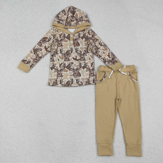Baby Boys Khaki Camo Deer Button Hoodies Pockets Leggings Hunting Clothes Set