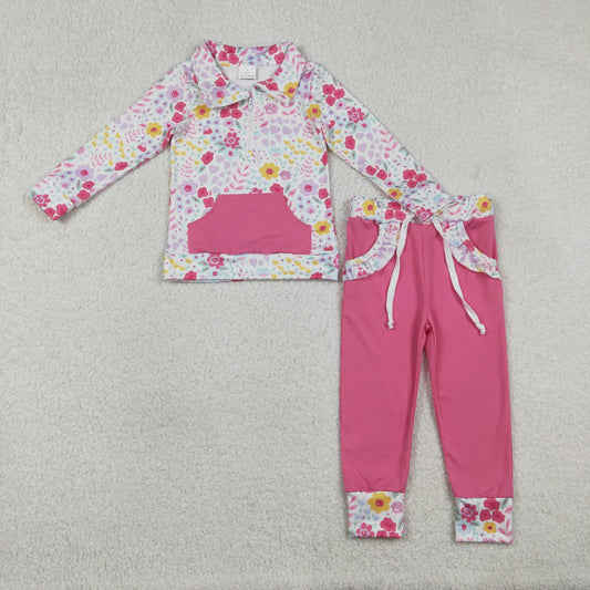 Baby Girls Colorful Flowers Zip Pocket Pullovers Jogger Pants Clothes Sets