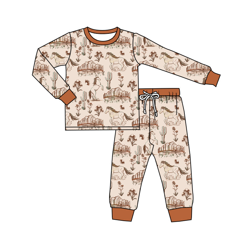 Baby Boys Horse Wild Cactus Top Pants Pajamas Clothes Sets Preorder(moq 5)