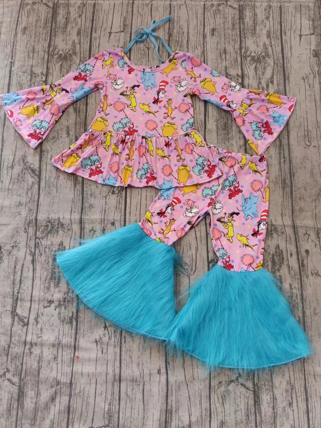 Preorder moq 5 Baby Girls Pink Long Ruffle Sleeves Cartoon Dr Reading Tunic Fur Bell Bottom Pant Set
