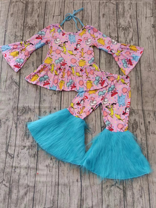 Preorder moq 5 Baby Girls Pink Long Ruffle Sleeves Cartoon Dr Reading Tunic Fur Bell Bottom Pant Set