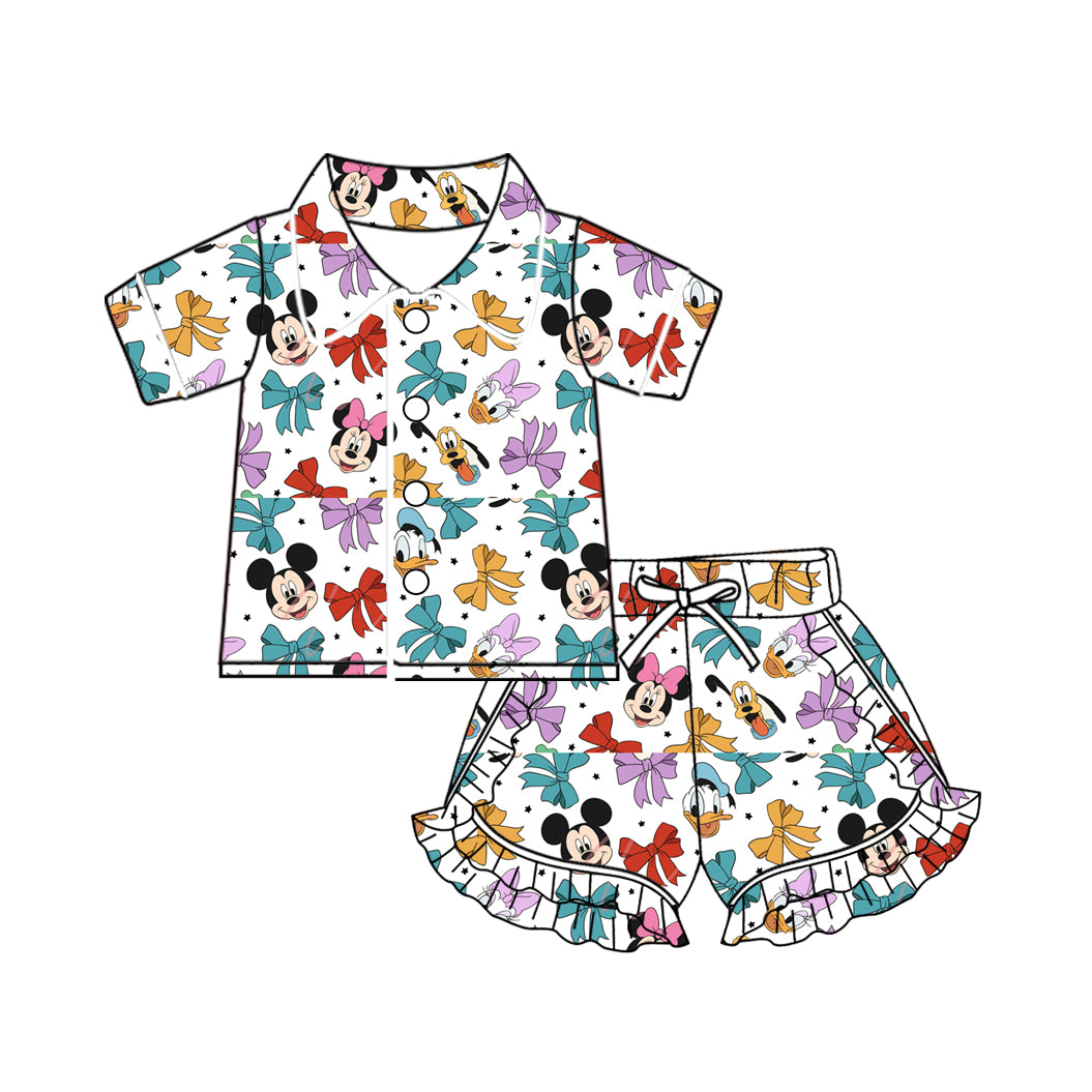 Baby Girls Colorful Bows Buttons Top Ruffle Shorts Pajamas Sets preorder(MOQ 5)