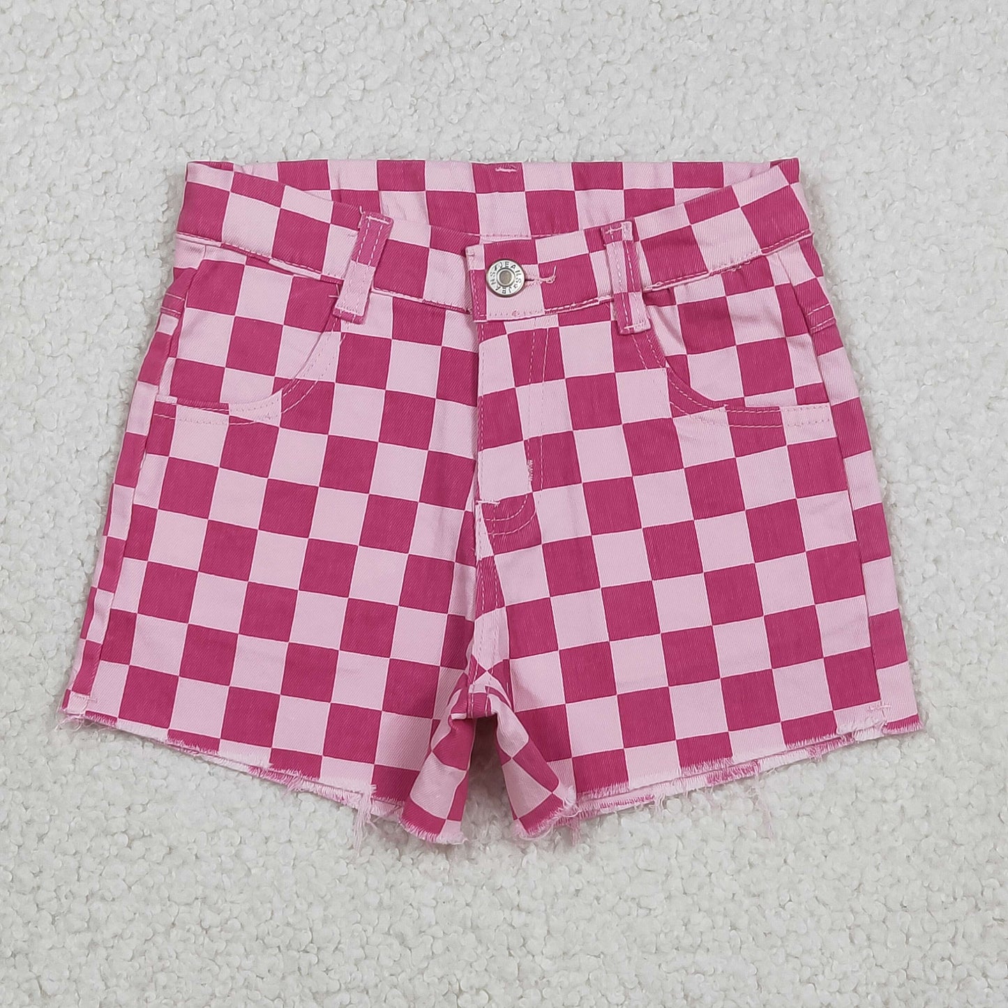 Baby Girls Pink Checked Pockets Denim Shorts Bottom