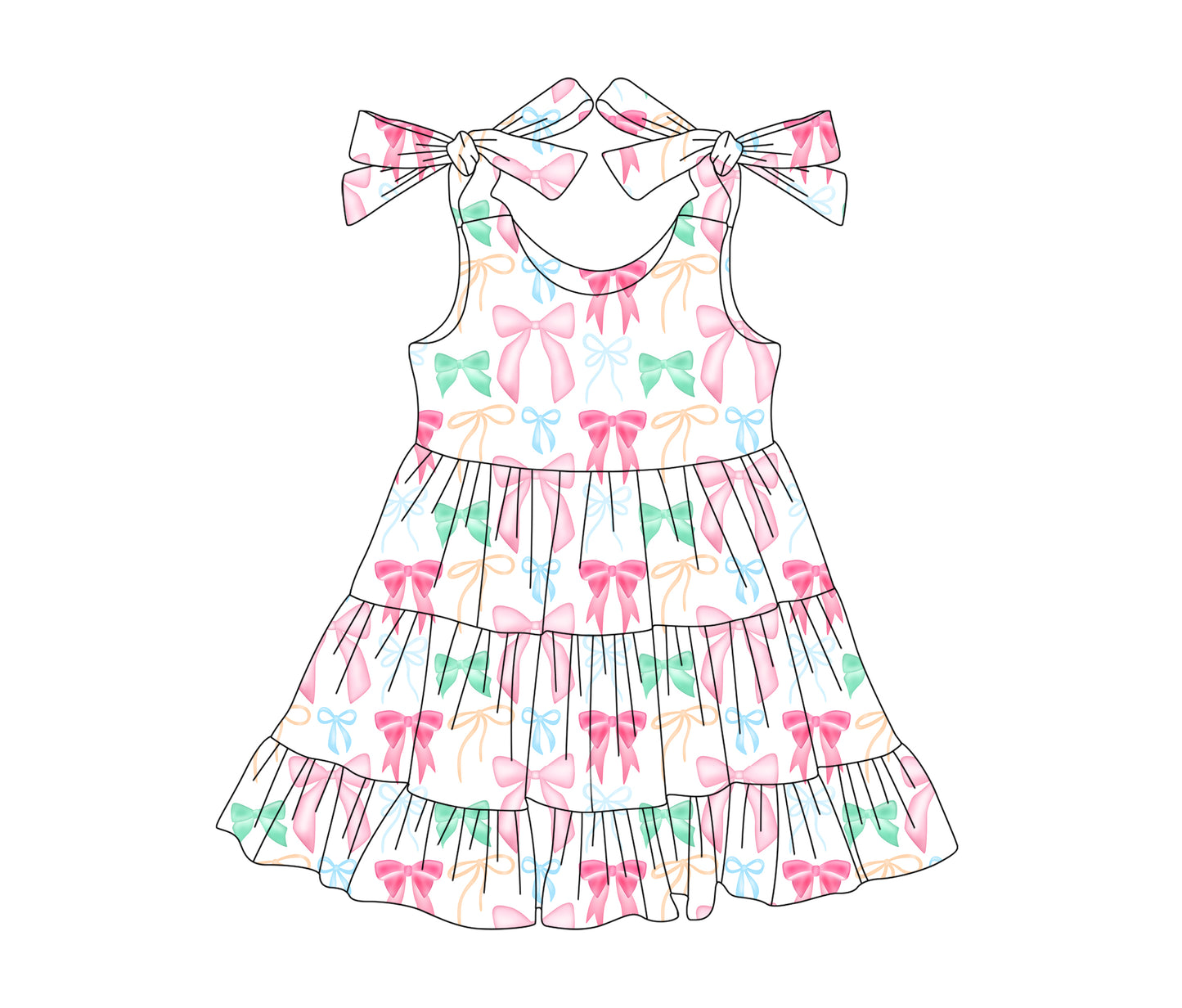 Preorder (moq 5)Baby Girls Strap Pink Green Bows Patchwork Knee Length Dress