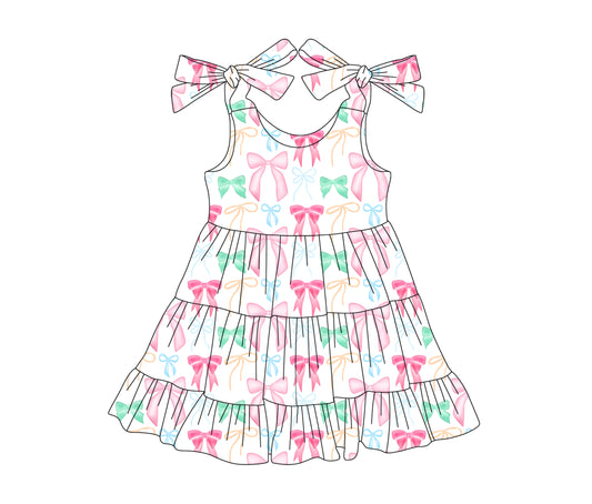 Preorder (moq 5)Baby Girls Strap Pink Green Bows Patchwork Knee Length Dress