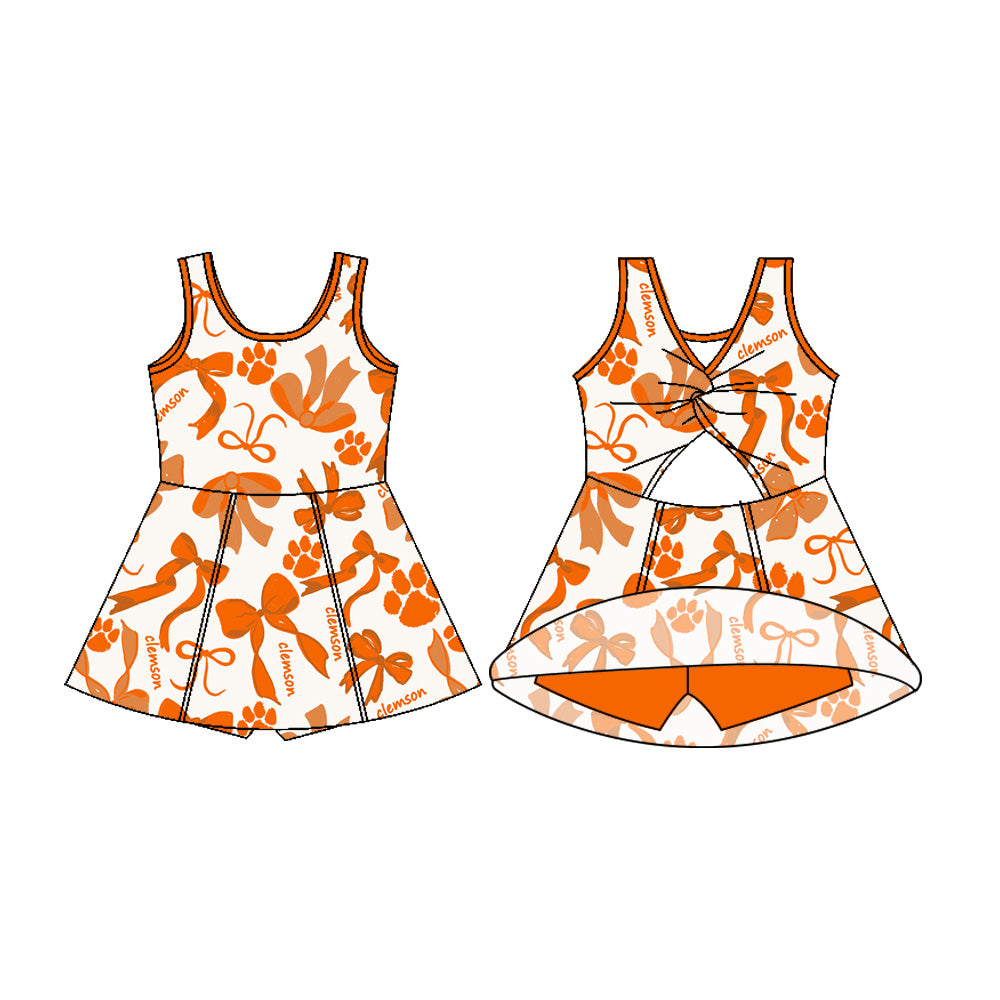 Preorder (moq 5)Baby Girls Sleeveless Clemson Bows Shorts Team Knee Length Dresses