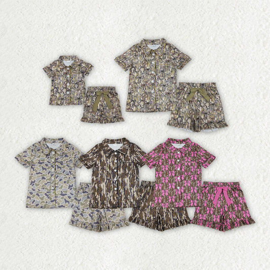 Sibling Family Mama Girls Southern Camo Bows Button Pocket Ruffle Shorts Pajamas Sets