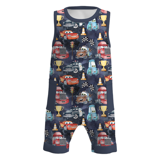 Baby Boys Racing Navy Cars Pocket Sleeveless Rompers preorder(moq 5)