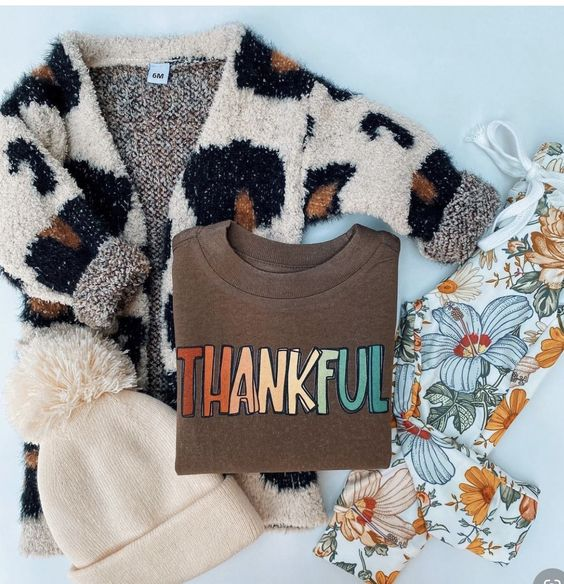 Baby Girls Thankful Thanksgiving Short Sleeve Top Floral Pants Leopard Cardigan 3pcs Sets preorder