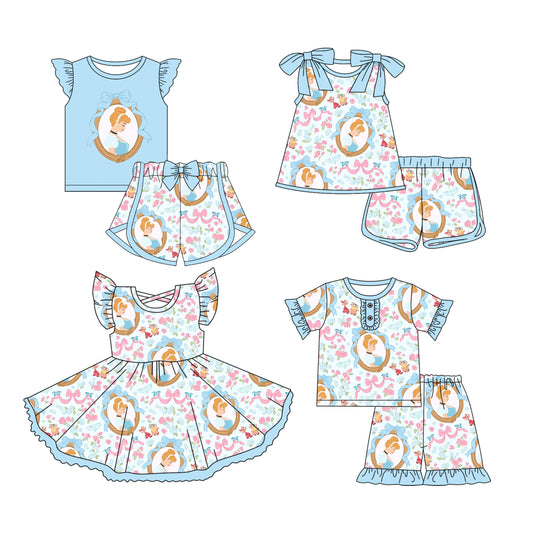 Preorder moq 5 Custom Baby Girls Blue Flowers Princess Top Short Sets Knee Length Dresses