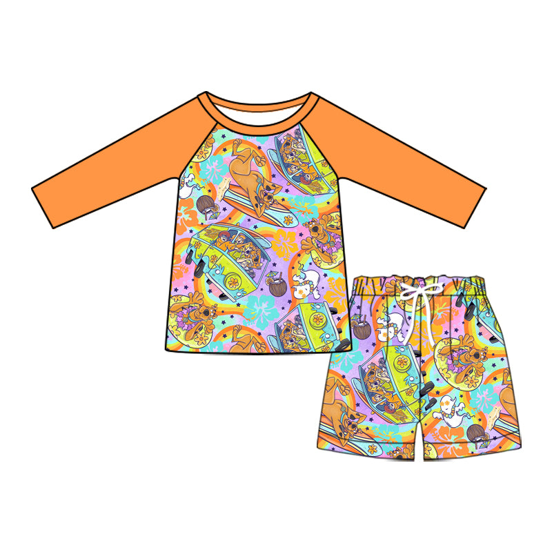 Preorder (moq 5)Baby Boys Orange Dogs Long Sleeve Top Two Pieces Swimsuits