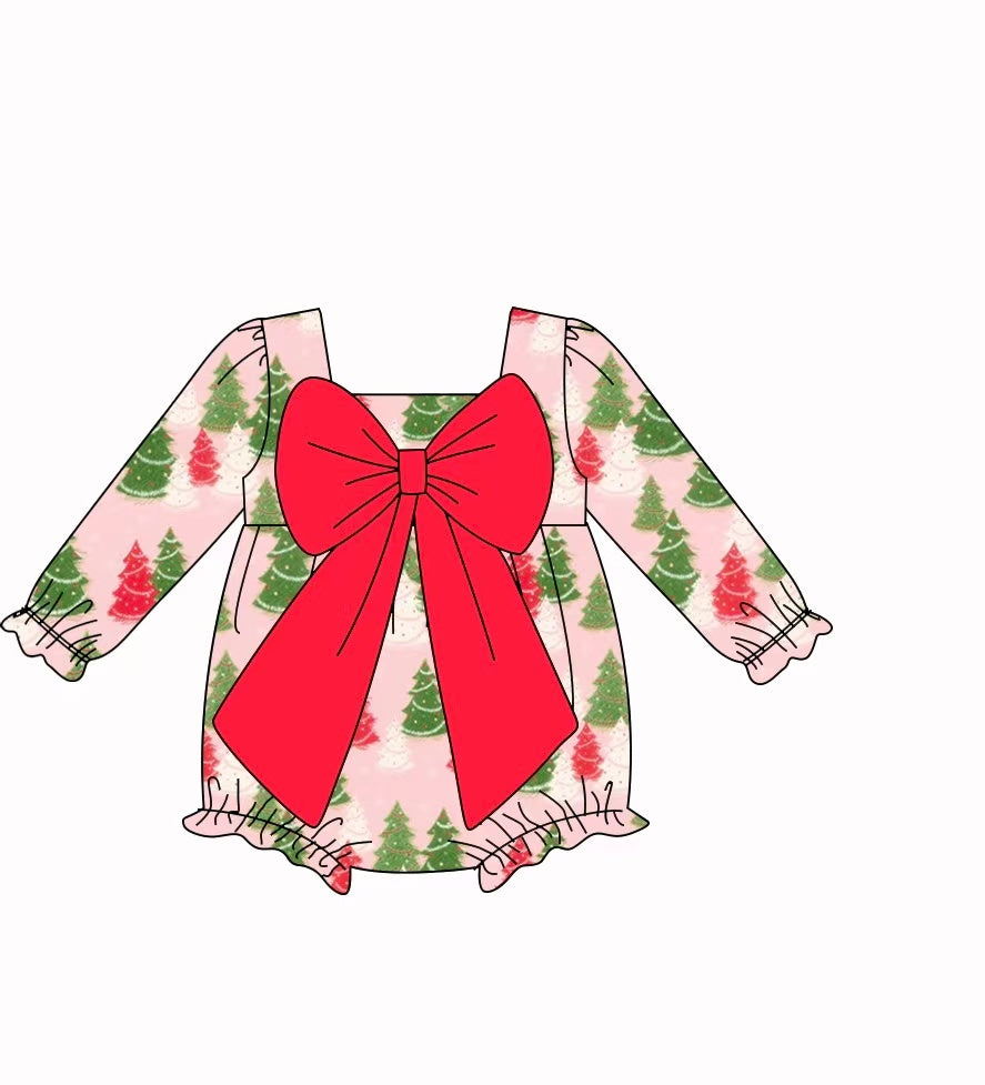Preorder(moq 5)Baby Infant Girls Red Green Christmas Tress Bow Top Ruffle Rompers