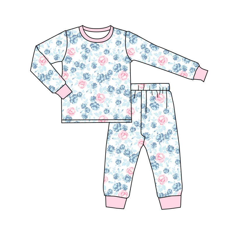 Preorder (moq 20)Baby Kids Bamboo Blue Pink Floral Pajamas Sets
