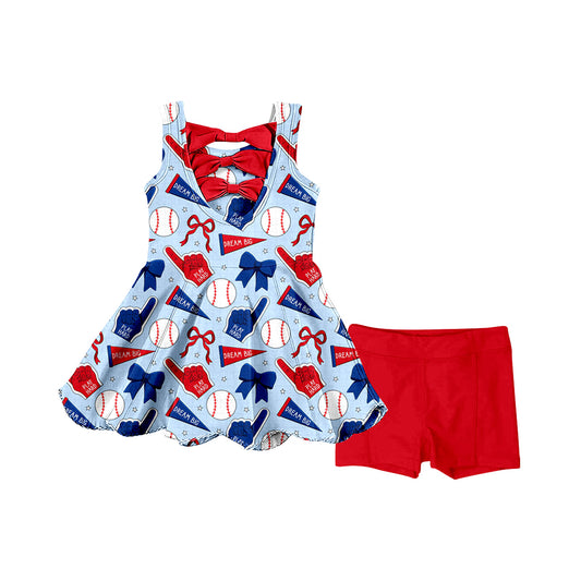 Preorder (moq 5)Baby Girls Sleeveless Bows Baseballs Tunic Short Go Team Clothes Sets
