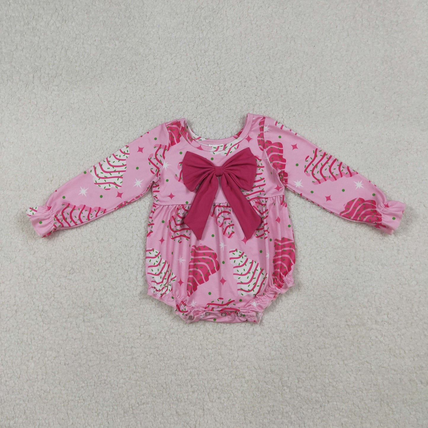 Baby Girls Pink Stripe Trees Stars Bow Top Christmas Ruffle Rompers