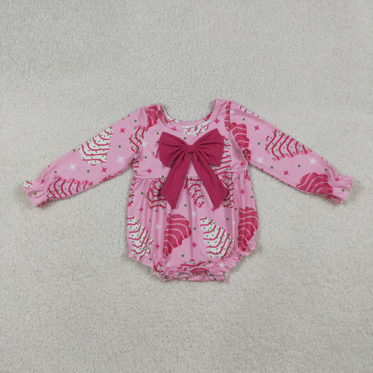 Baby Girls Pink Stripe Trees Stars Bow Top Christmas Ruffle Rompers