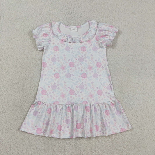 Baby Girls Short Sleeve Pink Lavender Flowers Ruffle Knee Length Dresses