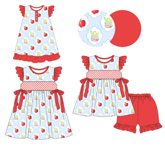 Preorder moq 5 Custom Baby Girls Red Flutter Sleeves Apples Plaid Tunic Ruffle Short Set Knee Length Dresses