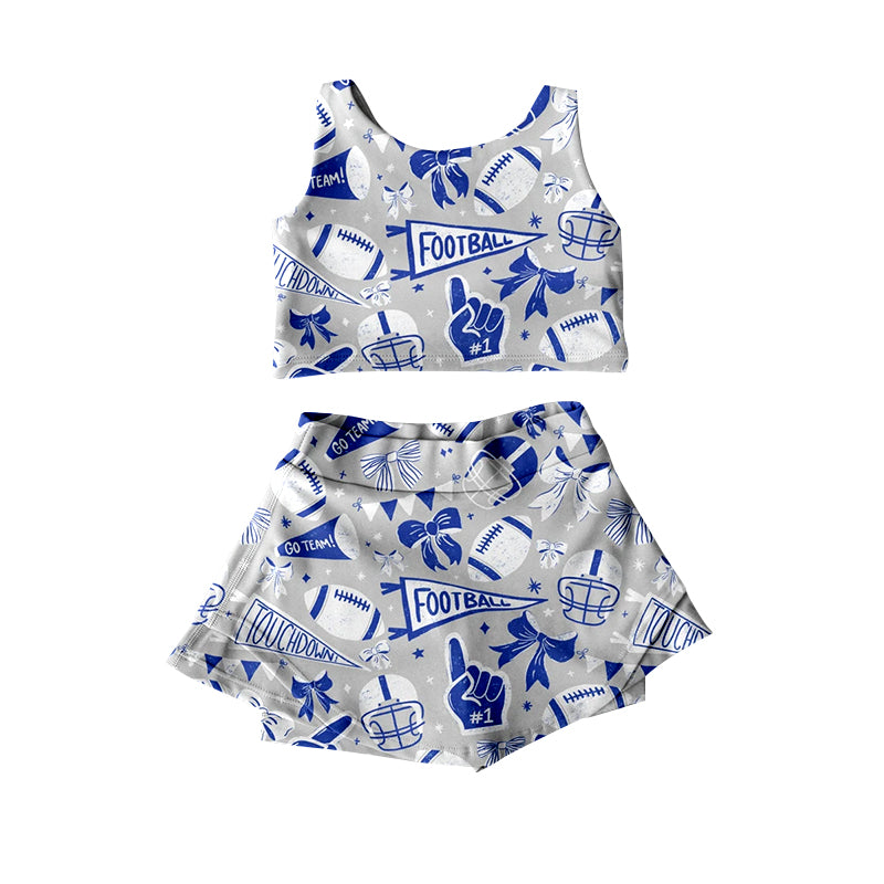 Preorder moq 5 Baby Girls Sleeveless Blue Football Cheer Plaid Vest Top Skorts Team Set