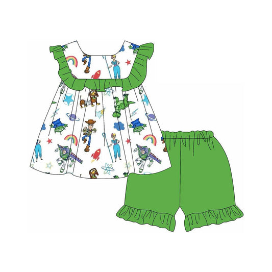 Preorder (moq 5)Baby Girls Toy Green Tunic Ruffle Shorts Clothes Sets