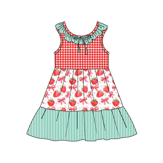 Preorder (moq 5)Baby Girls Collar Strawberry Checked Stripe Patchwork Knee Length Dresses