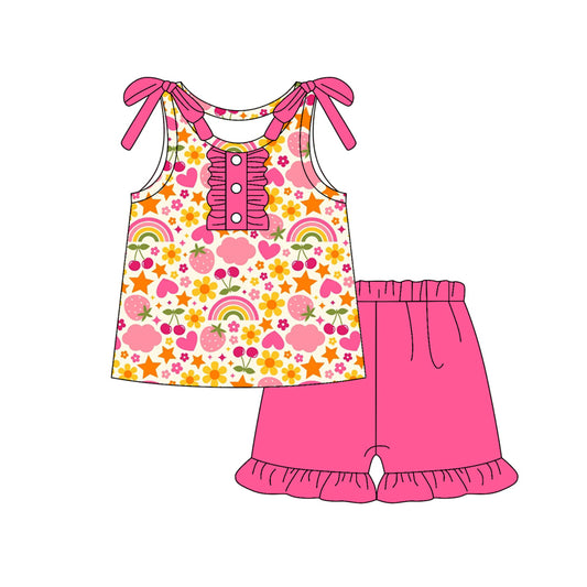 Preorder (moq 5)Baby Girls Button Flowers Rainbows Hearts Top Ruffle Shorts Clothes Sets