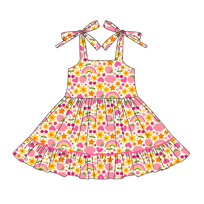 Preorder (moq 5)Baby Girls Strap Flowers Rainbows Hearts Ruffle Knee Length Dresses