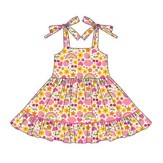 Preorder (moq 5)Baby Girls Strap Flowers Rainbows Hearts Ruffle Knee Length Dresses