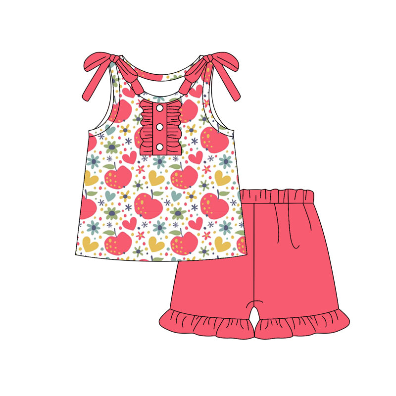 Preorder (moq 5)Baby Girls Button Flowers Apples Hearts Top Ruffle Shorts Clothes Sets
