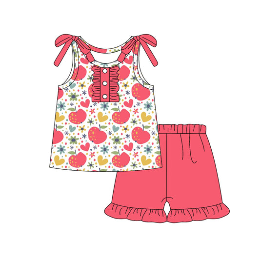 Preorder (moq 5)Baby Girls Button Flowers Apples Hearts Top Ruffle Shorts Clothes Sets