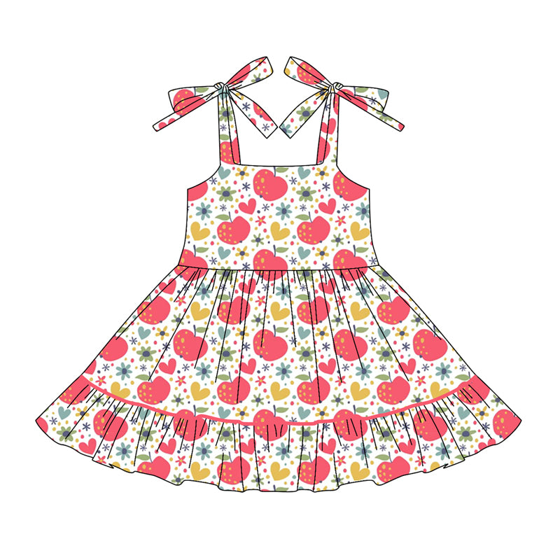 Preorder (moq 5)Baby Girls Strap Flowers Apples Hearts Ruffle Knee Length Dresses