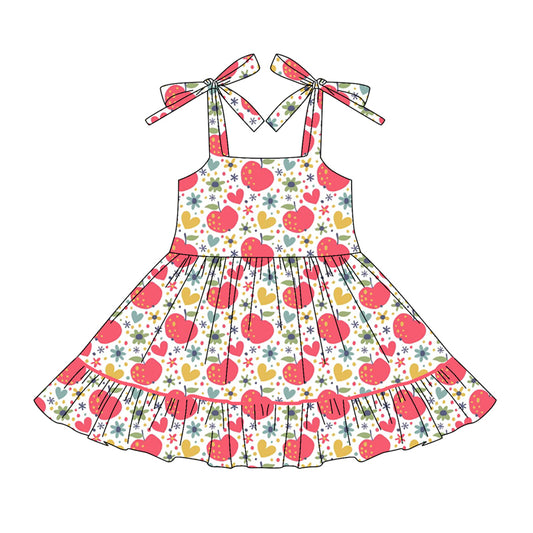 Preorder (moq 5)Baby Girls Strap Flowers Apples Hearts Ruffle Knee Length Dresses