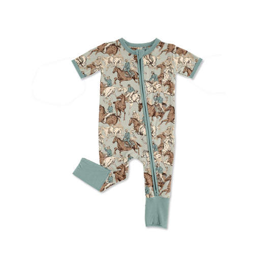 preorder(moq 5) Baby Boys Short Sleeve Horse Rodeos Western Two Way Zip Convertible Rompers