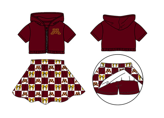 Preorder (moq 5)Baby Girls Red M Bows Zip Hoodie Jackets Skirt Short Team Clothes Sets