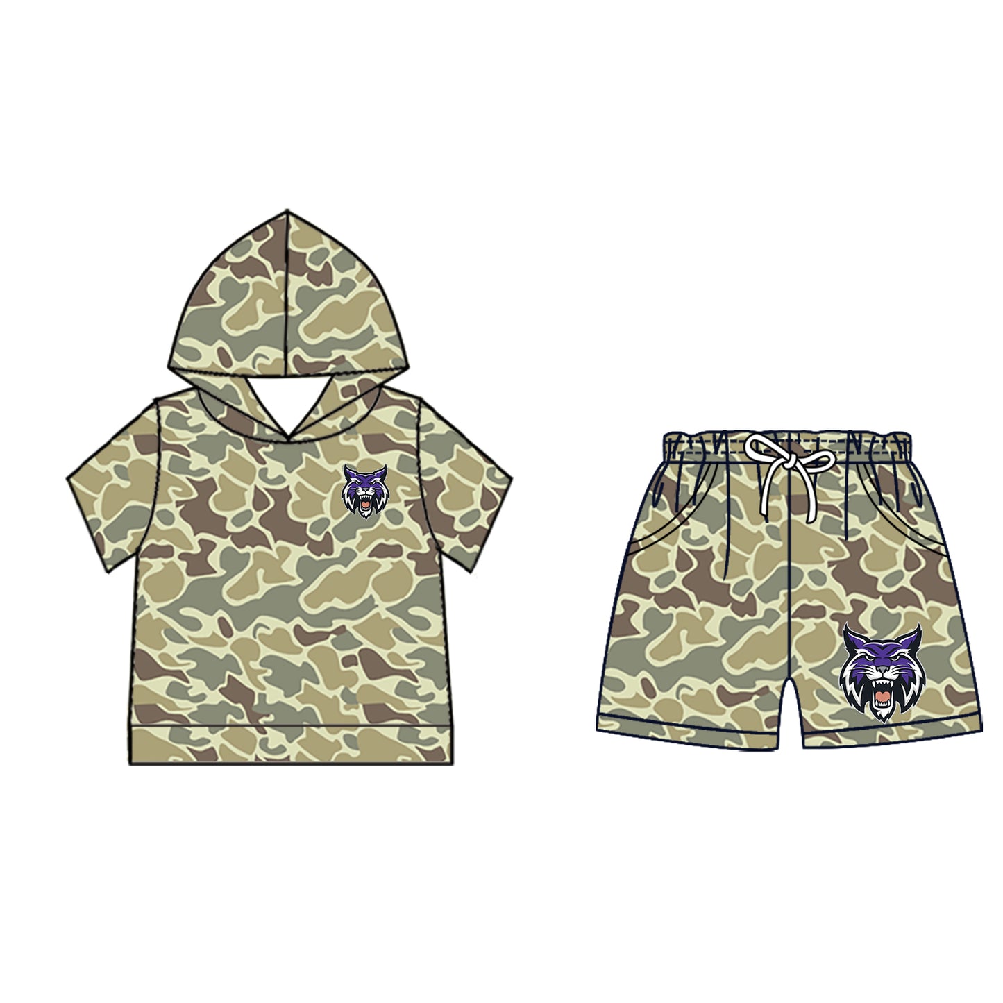 Preorder (moq 5)Baby Boys Khaki Camo Bobcats Hoodie Pockets Short Team Clothes Set