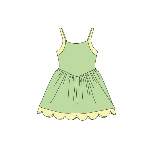 Preorder (moq 5)Baby Girls Strap Green Scallop Shorts Knee Length Dresses