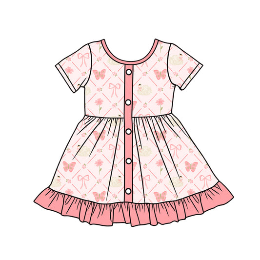 Preorder (moq 5)Baby Girls Bows Butterfly Checked Button Ruffle Knee Length Dresses
