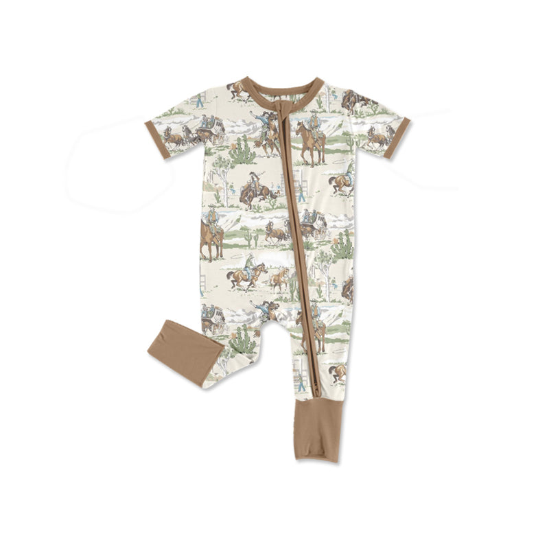 preorder(moq 5) Baby Boys Short Sleeve Horse Rodeos Western Two Way Zip Convertible Rompers