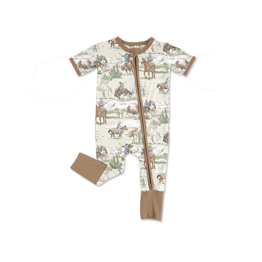preorder(moq 5) Baby Boys Short Sleeve Horse Rodeos Western Two Way Zip Convertible Rompers