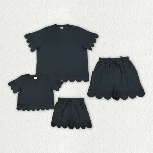 Mama and Me Girls Black Top Pockets Short Scallop Cotton Clothes Sets