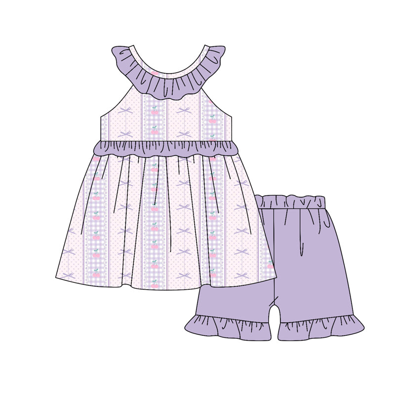 Preorder (moq 5)Baby Girls Lavender Bows Stripe Tunic Ruffle Shorts Clothes Sets