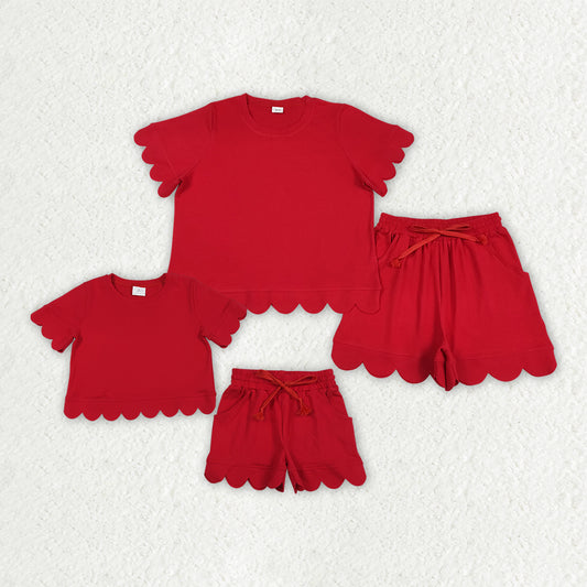 Mama and Me Girls Red Top Pockets Short Scallop Cotton Clothes Sets