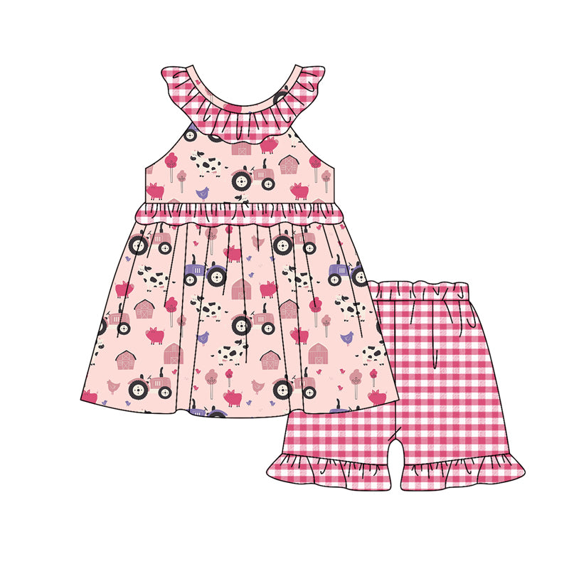 Preorder (moq 5)Baby Girls Houses Cows Tunic Checked Ruffle Shorts Farm Clothes Sets