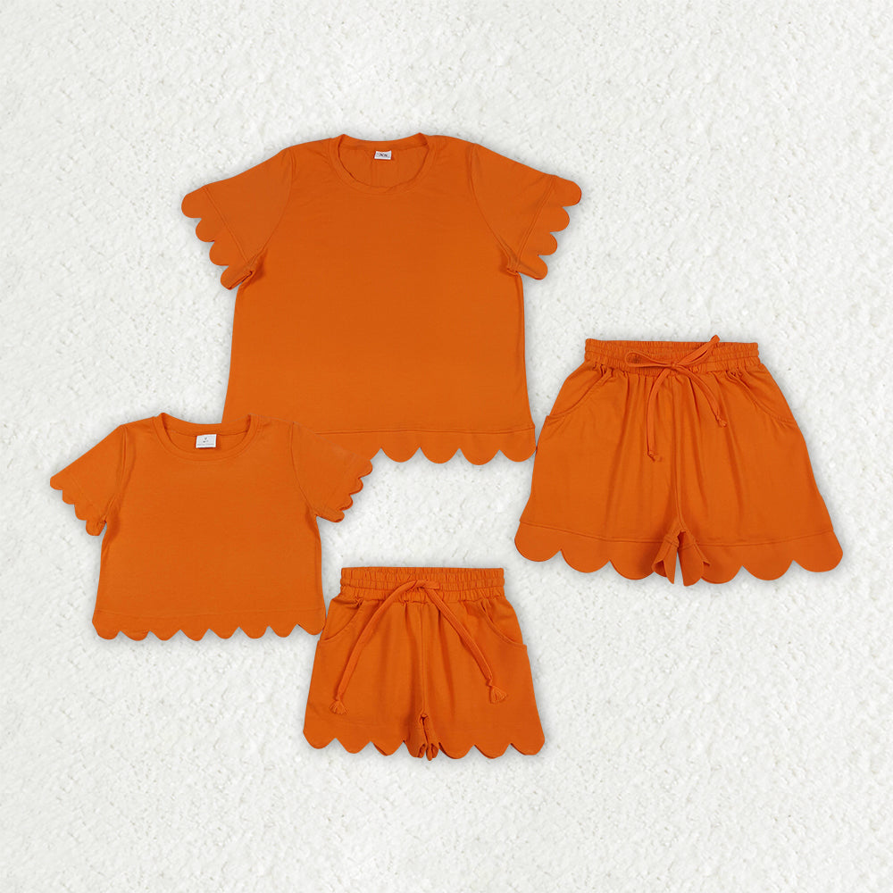 Mama and Me Girls Orange Top Pockets Short Scallop Cotton Clothes Sets