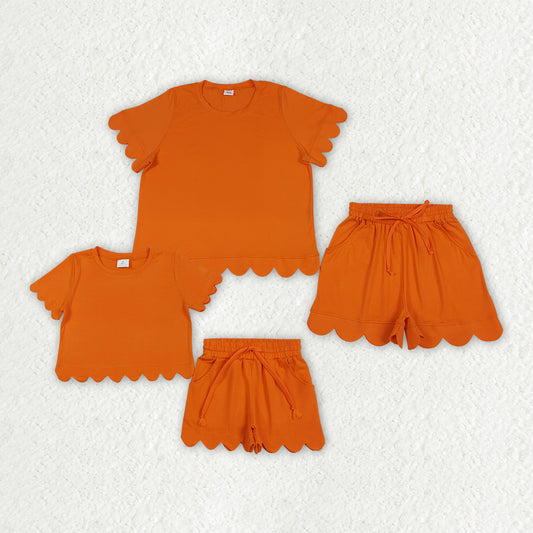 Mama and Me Girls Orange Top Pockets Short Scallop Cotton Clothes Sets