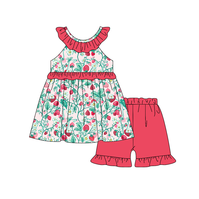 Preorder (moq 5)Baby Girls Flowers Strawberry Tunic Ruffle Shorts Clothes Sets