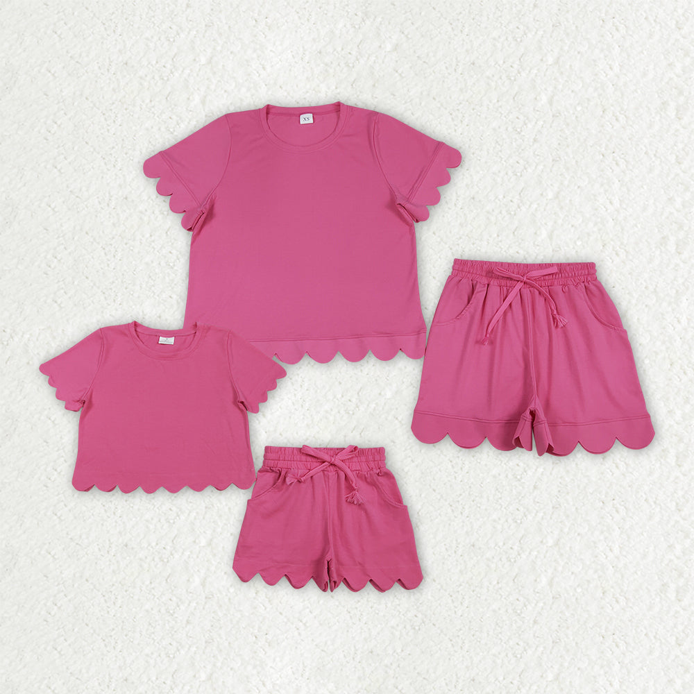 Mama and Me Girls Hot Pink Top Pockets Short Scallop Cotton Clothes Sets