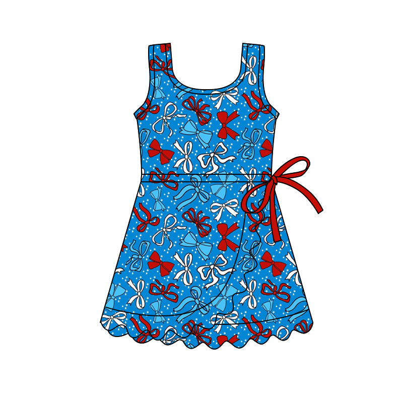 Preorder (moq 5)Baby Girls Red Blue Bows 4th of July Shorts Scallop Knee Length Dress